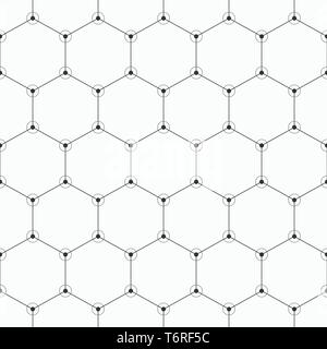 Vector monochrome seamless pattern. Geometric background with hexagons. Dots connected with lines. Circles on the corners of shapes. Stock Vector