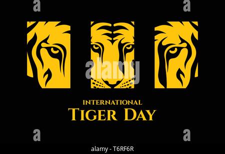 International Tiger day. Triptych depicting parts of the face of a tiger. Logo template. Emblem design. Isolated artwork object. Suitable for and any  Stock Vector