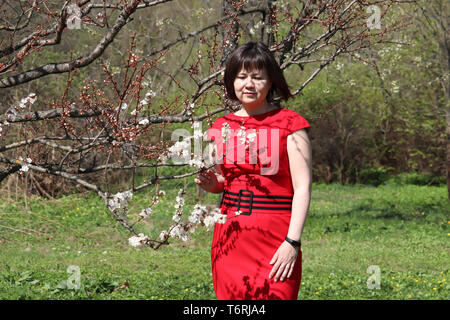 Cherry blossom in spring garden. Happy woman in red dress stands near the sakura tree and smells the flowers Stock Photo