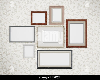 Picture frames arranged on the wall. 3D dimensional. Stock Photo