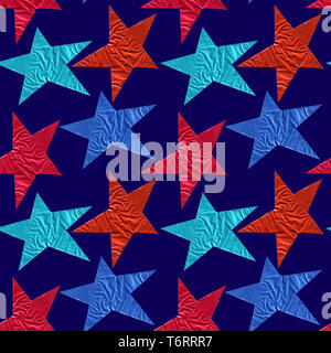 Seamless pattern with blue and red stars from foil on a background of the night blue sky. Stylish ornament with geometric repeating shapes. Stock Photo