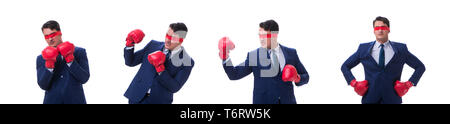 Lawyer with blindfold wearing boxing gloves isolated on white Stock Photo