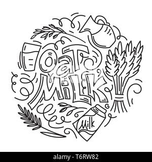 Oat milk hand drawn lettering. Spikes and grains of oats, glass with oat milk, carton box and glass jar of milk. Doodle style, linear, black and white, vector illustration. Stock Vector