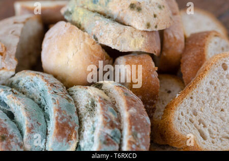 Moldy bread slices on wooden cutting board.Moldy inedible food. Stock Photo