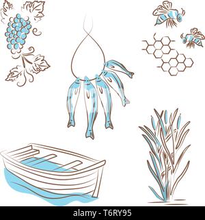 Vector illustration, logo about summer types of recreation on the river. Sketches of boats, reeds, fishing, fish on a rope, bees collect honey, honeyc Stock Vector