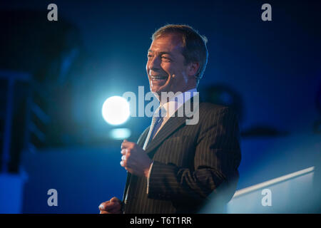 Brexit Party EU elections campaign launch at  The Neon in Newport, South Wales. Brexit Party Leader Nigel Farage speaking to delegates. Stock Photo