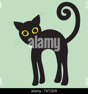 A simple silhouette drawing of a black cat with green eyes with a high back. Angry position Stock Vector