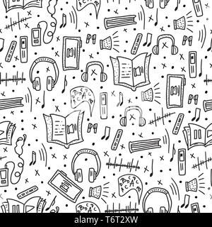 Audiobooks seamless pettern. Endless background of audio book symbols. Vector black and white design illustration. Stock Vector