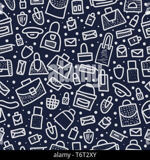 Seamless pattern  of bags in doodle style. Hand drawn woman accessories background. Vector illustration. Stock Vector