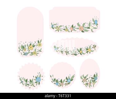 Wild flowers and leaves badges set.  Doodle style blanks isolated on white background. Collection of covers  with fields elements and empty spcae for  Stock Vector