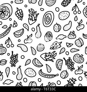 Fruit vector seamless pattern in doodle style. Endless background of fresh apple, pear, orange, mango, lemon and etc. Black and white design cover. Stock Vector