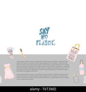 Banners template say no to plastic concept. Quote with eco lifestyle elements . Emblem with handwritten lettering and zero waste symbols set. Vector c Stock Vector