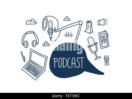 Podcast emblem with handwritten lettering and decoration. Text and podcasts symbols isolated. Vector conceptual illustration. Stock Vector