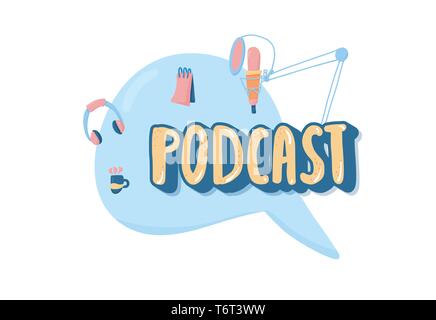 Podcast emblem with handwritten lettering and decoration. Text and podcasts symbols isolated. Vector conceptual illustration. Stock Vector