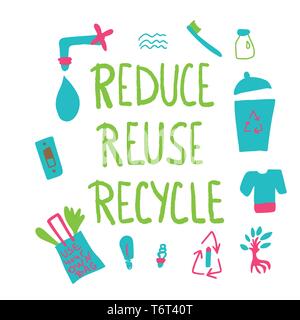 Reduce Reuse Recycle vector illustration. Quote with eco lifestyle elements. Set of  zero waste symbols isolated on white background. Stock Vector