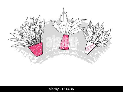 Set of flowers vases in doodle style. Vector illustration. Stock Vector