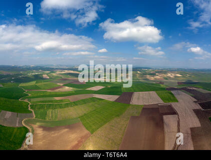 Aerial view of green agricultural fields with distinct tractor tracks ...
