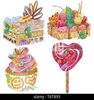 Vector pieces of cake lollipop with abstract ornaments. Hand drawn illustration for t-shirt in zentangle, doodle style. Stock Vector