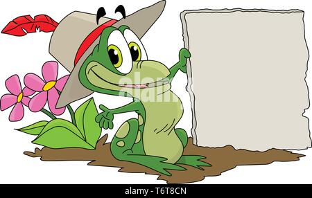 Cartoon frog holding a blank stone tablet in his hands vector illustration Stock Vector