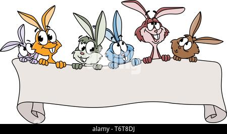 A group of cartoon bunnies holding a blank banner vector illustration Stock Vector