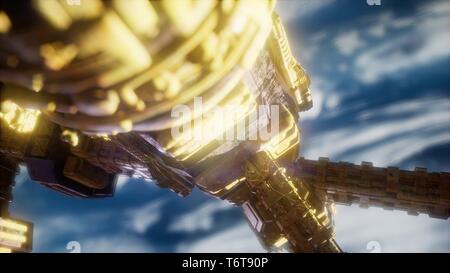 Highly detailed huge spaceship approaching to the Earth. Stock Photo