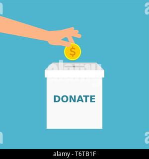 Hand is putting a coin into donation box. Donate message. Donate money, charity, helping hands, concept. Man's arm inserts gold coin in a box. Vector Stock Vector