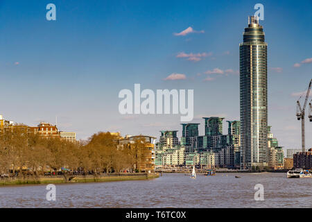 View from Battersea of St Georges Wharf Tower, a residential skyscraper in Vauxhall, London, and part of the St George Wharf development Stock Photo