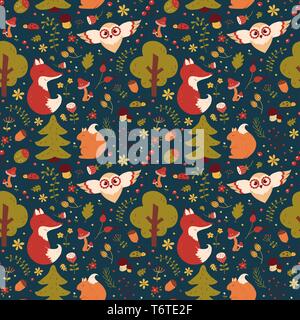 Forest seamless pattern with hand drawn animals, flowers and plants. Cute nature textile in blue, green, red, orange and white colors. Vector backgrou Stock Vector