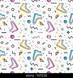 Stylish seamless pattern with sneakers and abstract geometric shapes in memphis style. Trendy vector background. Stock Vector