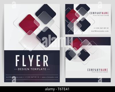 Set of visual corporate identity templates. Flyer, business card and a square banner with abstract geometric decoration. Branding stationery design. V Stock Vector