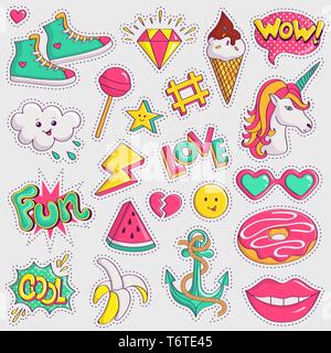 Cute and trendy patches. Colorful elements on white background. Collection of retro stickers in 90s style. Vector illustration. Stock Vector