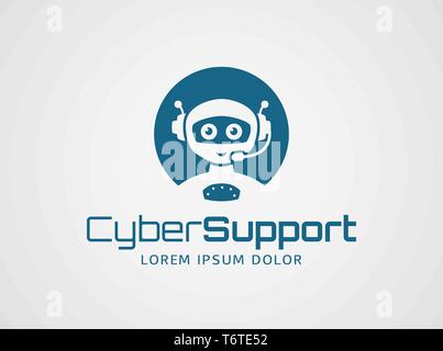 Smart robot with headset. Logo template isolated on white background. Artificial intelligence, chatbot, virtual call center, and cyber support themes. Stock Vector