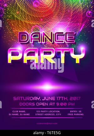 Colorful flyer for dance party invitation. Template with shiny background. Vector illustration. Stock Vector