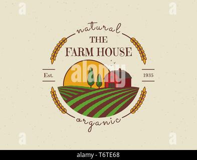 Farm House concept logo. Colored template with farm landscape. Label in retro style for natural and organic products. Vector illustration. Stock Vector