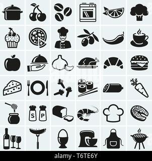 Food and cooking web icons. Set of black symbols for a culinary theme. Healthy and junk food, fruit and vegetables, spices, cooking utensils and more. Stock Vector