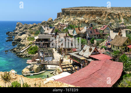 15 July 2018 - Anchor Bay, Malta. General view of the Popeye village, the preserved 1980 wooden filmset for the musical Popeye. Popular tourist attrac Stock Photo