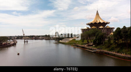 Drone view of Sarawak river and State Legislative Assembly, Kuching, Borneo, Malaysia, Asia Stock Photo