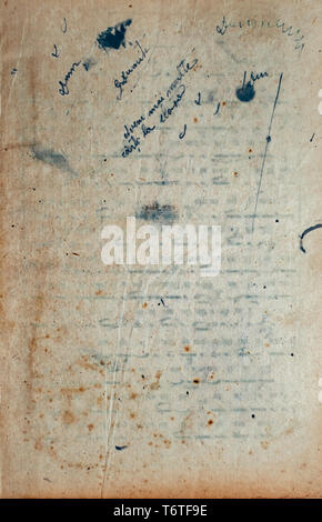 Sibiu, Romania - July 09, 2018. Aging, worn lined paper with water stains and rough edges Stock Photo