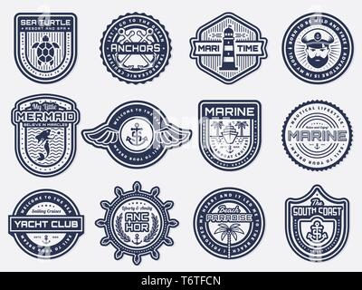 Nautical emblems with anchors, steering wheel, lighthouse. Sea cruise, yachting, travel, beach resort themes. Vintage badges, patches and labels. Stock Vector