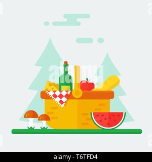 Summer picnic in nature vector banner. Basket full of food with wine, cheese, bread, apple, watermelon and checkered blanket. Modern flat illustration Stock Vector