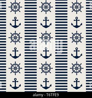 Nautical seamless pattern with steering wheels and anchors. Vector illustration. Stock Vector