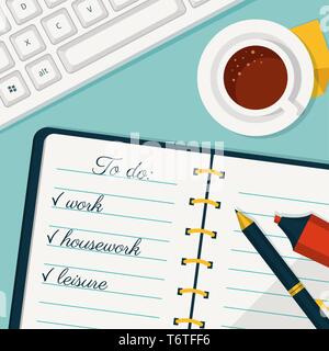 Implementation of the plan. Vector concept background in flat style. Banner with to do list in a notebook, cup of coffee and keyboard. Stock Vector