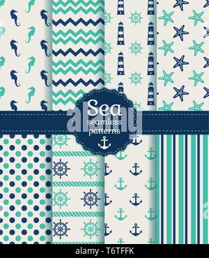 Set of sea and nautical seamless patterns in white, turquoise and dark blue colors. Vector illustration. Stock Vector