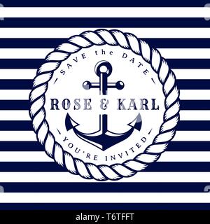 Nautical wedding invitation card. Sea theme wedding party. Elegant template with anchor, rope and stripes. Vector illustration in white and dark blue  Stock Vector