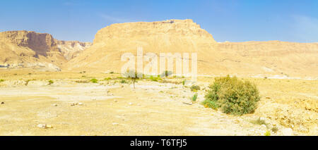 Panoramic view of the Masada fortress and the Judean Desert, near the Dead Sea, Southern Israel Stock Photo