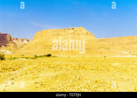 View of the Masada fortress and the Judean Desert landscape, near the Dead Sea, Southern Israel Stock Photo