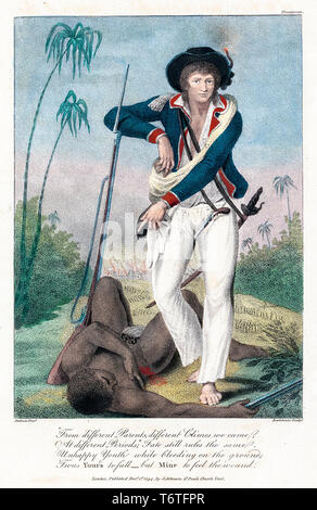 Slave Trade engraving showing a slave trader standing over an African male slave he has just shot and wounded, hand coloured engraving, 1796 Stock Photo