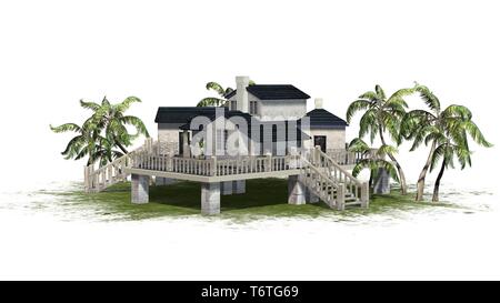 beautiful house with palm trees - isolated on white background Stock Photo