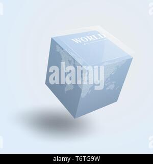 World map on 3D cube, transparent blue cubic globe. Vector illustration template for education, science, business concepts, web presentations. Stock Vector