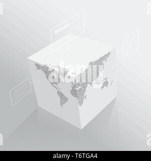World map on 3D cube, monochrome cubic globe, with labels. Vector illustration template for education, science, business concepts, web presentations. Stock Vector